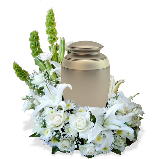 All White Urn Riser Arrangement